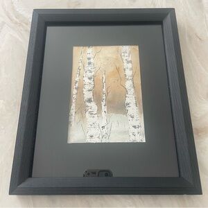 Watercolor Painting Birch Trees At Sunset Framed Signed 2025 White Browns Winter